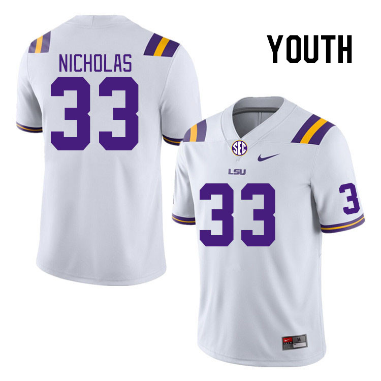 Youth #33 Javen Nicholas LSU Tigers College Football Jerseys Stitched-White - Click Image to Close